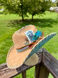 Image 8 of "Paisley Breeze" Burned Cowboy Hat, Whipstitched Suede Hat, Turquoise Leather Stitched Hat
