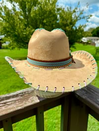 Image 9 of "Paisley Breeze" Burned Cowboy Hat, Whipstitched Suede Hat, Turquoise Leather Stitched Hat