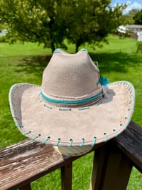 Image 11 of "Paisley Breeze" Burned Cowboy Hat, Whipstitched Suede Hat, Turquoise Leather Stitched Hat
