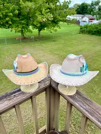 Image 12 of "Paisley Breeze" Burned Cowboy Hat, Whipstitched Suede Hat, Turquoise Leather Stitched Hat