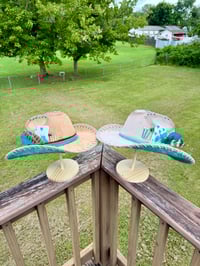 Image 13 of "Paisley Breeze" Burned Cowboy Hat, Whipstitched Suede Hat, Turquoise Leather Stitched Hat