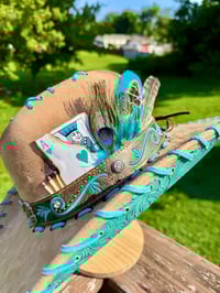 Image 14 of "Paisley Breeze" Burned Cowboy Hat, Whipstitched Suede Hat, Turquoise Leather Stitched Hat