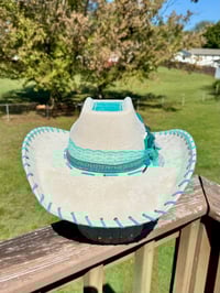 Image 24 of "Paisley Breeze" Burned Cowboy Hat, Whipstitched Suede Hat, Turquoise Leather Stitched Hat