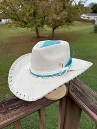 Image 19 of "Paisley Breeze" Burned Cowboy Hat, Whipstitched Suede Hat, Turquoise Leather Stitched Hat