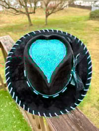 Image 17 of "Paisley Breeze" Burned Cowboy Hat, Whipstitched Suede Hat, Turquoise Leather Stitched Hat