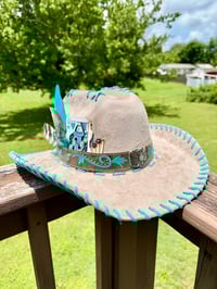 Image 15 of "Paisley Breeze" Burned Cowboy Hat, Whipstitched Suede Hat, Turquoise Leather Stitched Hat