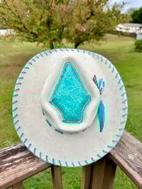 Image 22 of "Paisley Breeze" Burned Cowboy Hat, Whipstitched Suede Hat, Turquoise Leather Stitched Hat