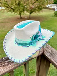 Image 23 of "Paisley Breeze" Burned Cowboy Hat, Whipstitched Suede Hat, Turquoise Leather Stitched Hat