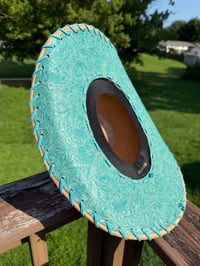 Image 25 of "Paisley Breeze" Burned Cowboy Hat, Whipstitched Suede Hat, Turquoise Leather Stitched Hat