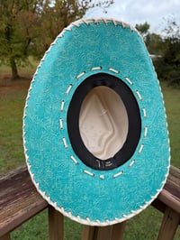 Image 21 of "Paisley Breeze" Burned Cowboy Hat, Whipstitched Suede Hat, Turquoise Leather Stitched Hat