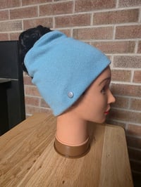 Image 2 of Upcycled Pure Merino Wool Ponytail Hat with Double Snaps- M-XXL-Aqua 
