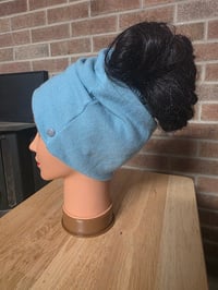 Image 1 of Upcycled Pure Merino Wool Ponytail Hat with Double Snaps- M-XXL-Aqua 