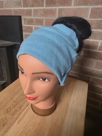 Image 3 of Upcycled Pure Merino Wool Ponytail Hat with Double Snaps- M-XXL-Aqua 