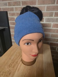 Image 2 of Upcycled Pure Cashmere Ponytail Hat - S-L- Ocean Blue