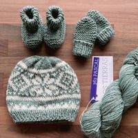 Image 1 of Hand Knitted Fair Isle Infant Hat, Bootie and Mitten Set
