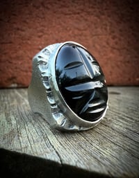 Image 1 of WL&A Handmade Heavy Signet Carved Obsidian Ancestor Mask 1 Ring - Size 10