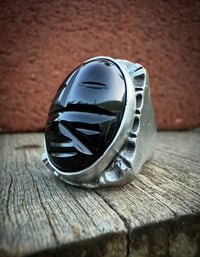 Image 2 of WL&A Handmade Heavy Signet Carved Obsidian Ancestor Mask 1 Ring - Size 10
