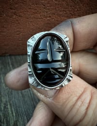 Image 4 of WL&A Handmade Heavy Signet Carved Obsidian Ancestor Mask 1 Ring - Size 10