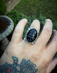 Image 5 of WL&A Handmade Heavy Signet Carved Obsidian Ancestor Mask 1 Ring - Size 10