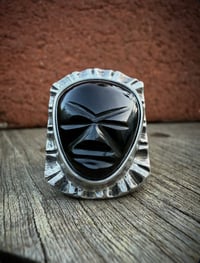 Image 3 of WL&A Handmade Heavy Signet Carved Obsidian Ancestor Mask 2 Ring - Size 10