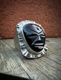 Image 1 of WL&A Handmade Heavy Signet Carved Obsidian Ancestor Mask 2 Ring - Size 10