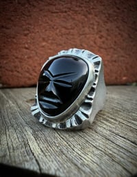 Image 2 of WL&A Handmade Heavy Signet Carved Obsidian Ancestor Mask 2 Ring - Size 10
