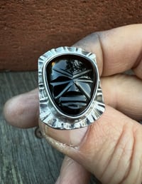 Image 4 of WL&A Handmade Heavy Signet Carved Obsidian Ancestor Mask 2 Ring - Size 10