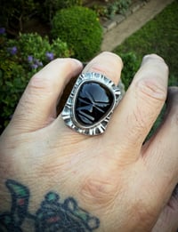 Image 5 of WL&A Handmade Heavy Signet Carved Obsidian Ancestor Mask 2 Ring - Size 10
