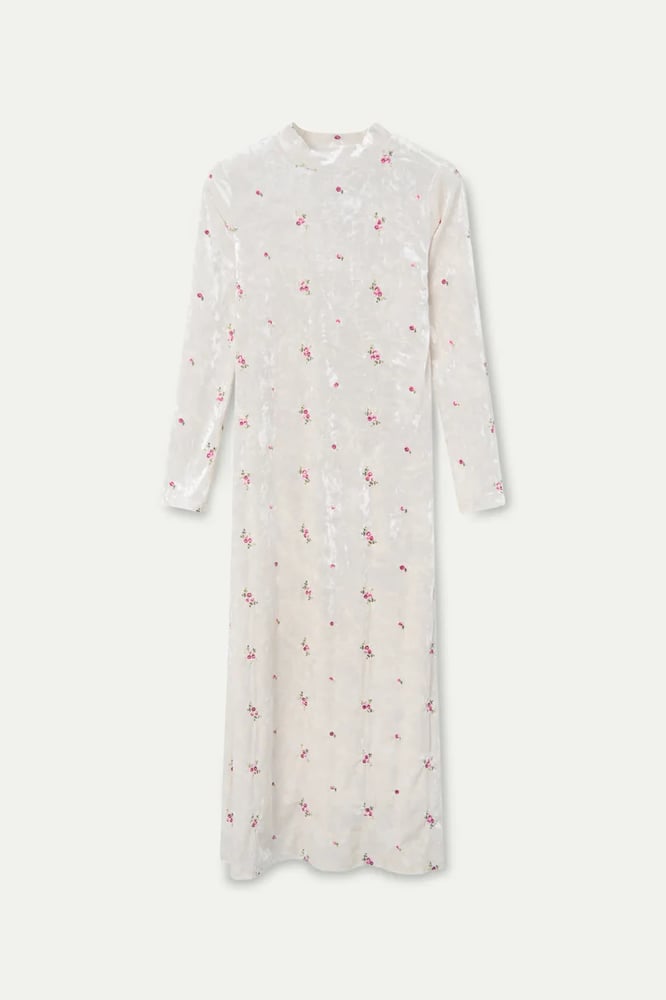 Image of Vestido largo terciopelo con bordado floral.