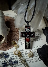 Image 3 of Snake Bone and Floral Cross Pendant - Red
