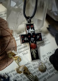 Image 2 of Snake Bone and Floral Cross Pendant - Red