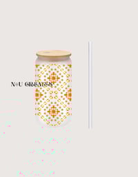 Image 5 of Hmong Cross Floral Glass Cup with Bamboo Lid and a Straw 1 Count