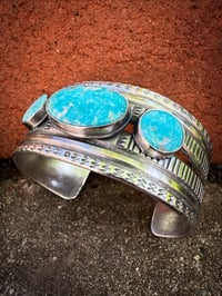 Image 1 of WL&A Handmade Old Style Heavy Ingot Triple White Water Turquoise Cuff - 7.25 to 7.5" Wrist