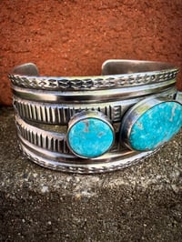 Image 4 of WL&A Handmade Old Style Heavy Ingot Triple White Water Turquoise Cuff - 7.25 to 7.5" Wrist