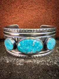 Image 2 of WL&A Handmade Old Style Heavy Ingot Triple White Water Turquoise Cuff - 7.25 to 7.5" Wrist