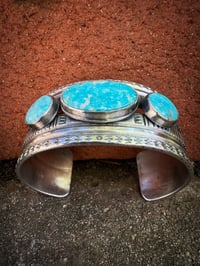 Image 3 of WL&A Handmade Old Style Heavy Ingot Triple White Water Turquoise Cuff - 7.25 to 7.5" Wrist
