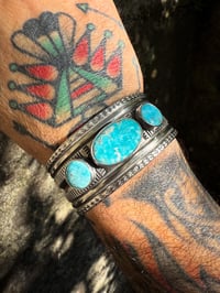 Image 5 of WL&A Handmade Old Style Heavy Ingot Triple White Water Turquoise Cuff - 7.25 to 7.5" Wrist