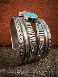 Image 6 of WL&A Handmade Old Style Heavy Ingot Triple White Water Turquoise Cuff - 7.25 to 7.5" Wrist