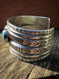 Image 7 of WL&A Handmade Old Style Heavy Ingot Triple White Water Turquoise Cuff - 7.25 to 7.5" Wrist