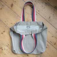 Image 2 of One-of-A-Kind Large Tote Bag with Stripe Handles. Boro Upcycled Oatmeal Denim 007-1