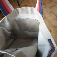 Image 4 of One-of-A-Kind Large Tote Bag with Stripe Handles. Boro Upcycled Oatmeal Denim 007-1