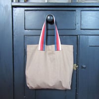 Image 1 of Upcycled Beige Denim Tote Bag, One-of-a-Kind with Stripe Handles- 007-2 Boro