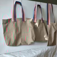 Image 7 of Upcycled Beige Denim Tote Bag, One-of-a-Kind with Stripe Handles- 007-2 Boro