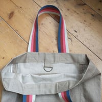 Image 7 of One-of-A-Kind Large Tote Bag with Stripe Handles. Boro Upcycled Oatmeal Denim 007-1
