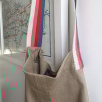 Image 2 of Upcycled Beige Denim Shoulder Bag, One-of-a-Kind with Stripe Handles- 007-2 Boro