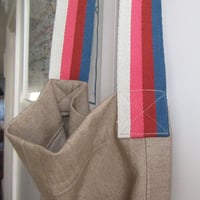 Image 3 of Upcycled Beige Denim Shoulder Bag, One-of-a-Kind with Stripe Handles- 007-2 Boro