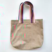 Image 3 of Upcycled Beige Denim Tote Bag, One-of-a-Kind with Stripe Handles- 007-2 Boro