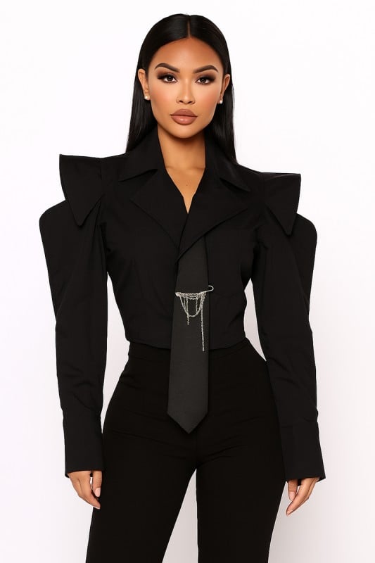 Image of Poplin Crop Shirt Top With Black Tie