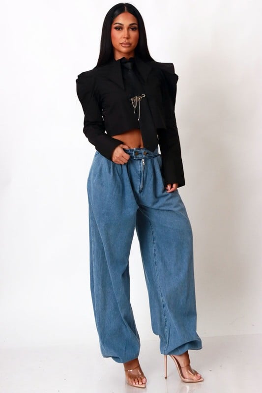 Image of Poplin Crop Shirt Top With Black Tie