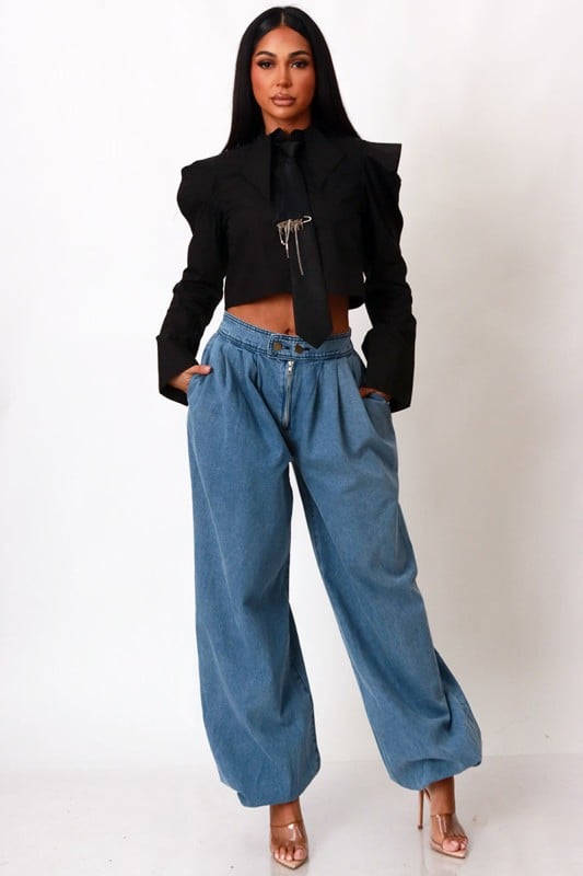 Image of Poplin Crop Shirt Top With Black Tie